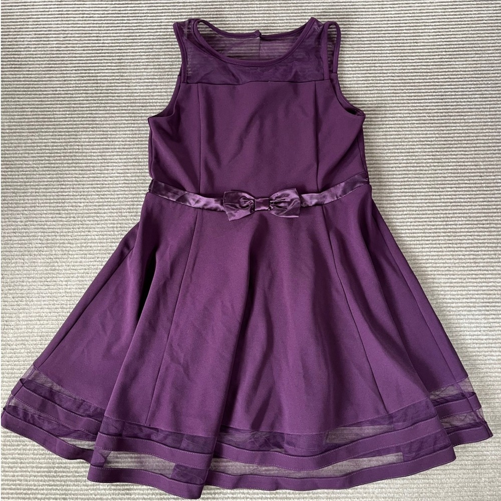 Calvin Klein Girls Plum Purple Mesh Illusion Fit &‎ Flare Dress Bow Size 16.5